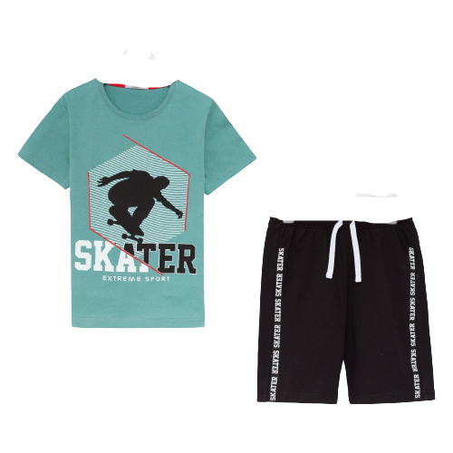 Luneva Комплект для мальчика (футболка/шорты), цвет серо-зеленый/черный, рост 128 см