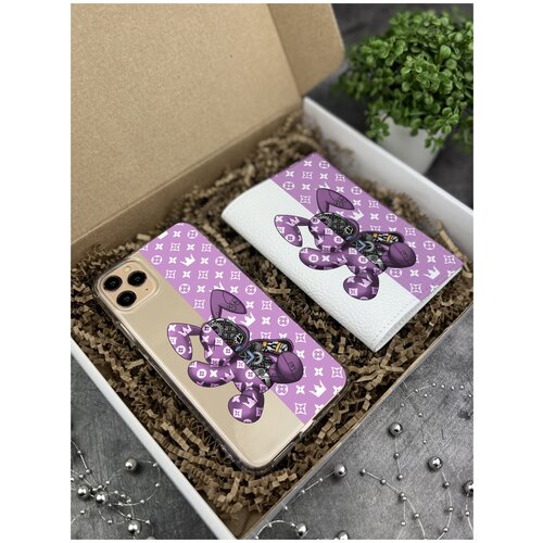 Подарочный набор: Прозрачный силиконовый чехол для iPhone 11 Pro Max/ Айфон 11 Про Макс + Белая кожаная обложка на паспорт Bunny Розовый