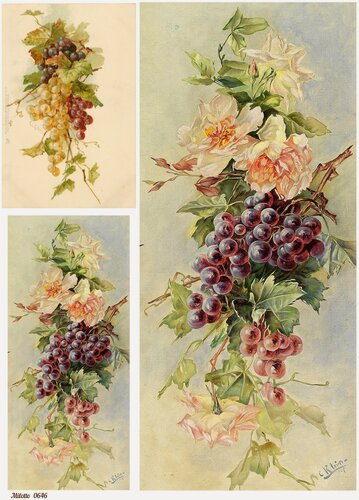 Изображение товара Рисовая бумага для декупажа А4 ультратонкая салфетка 0646 виноград цветы винтаж крафт Milotto