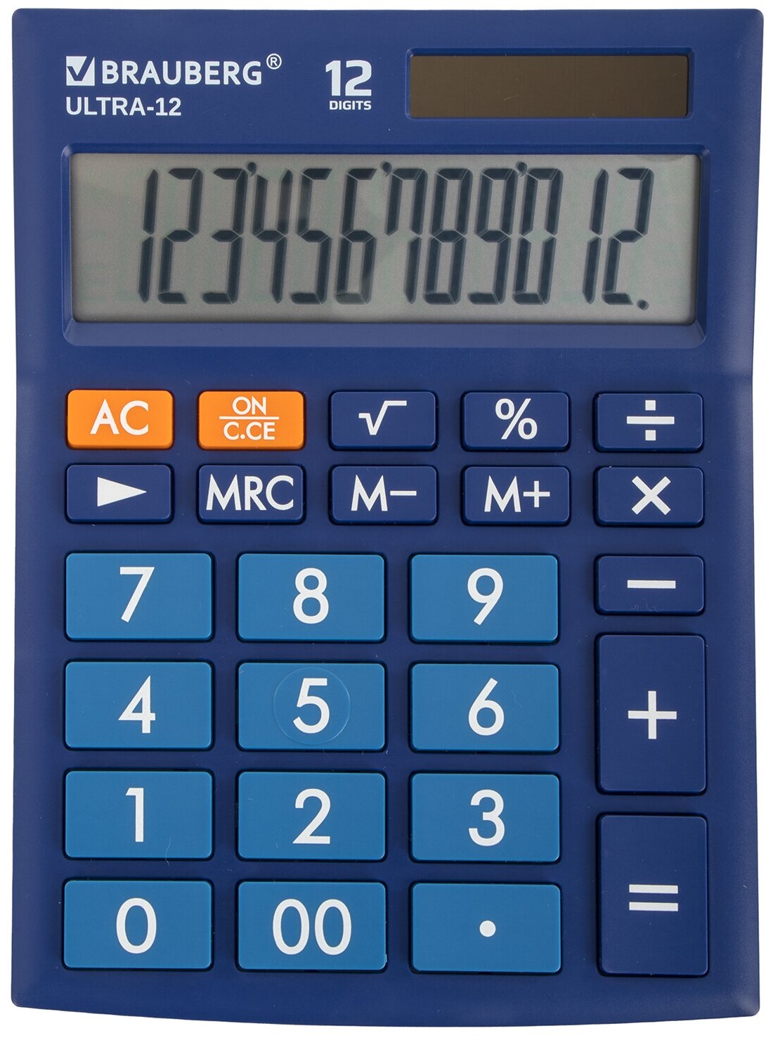 Калькулятор настольный BRAUBERG ULTRA-12-BU (192x143 мм), 12 разрядов, двойное питание, синий, 250492