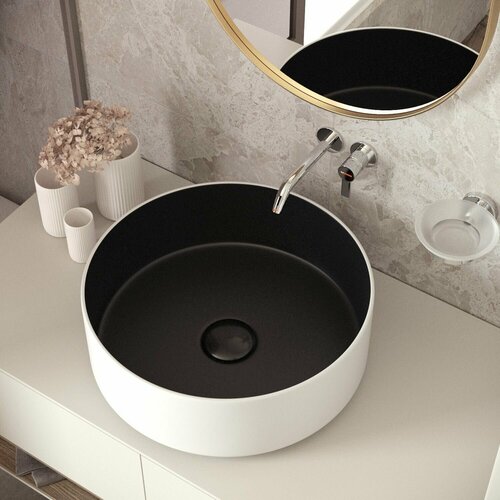 Накладная раковина в ванную Helmken 49936001: умывальник круглый из фарфора 36 см, белый/черный цвет, гарантия 25 лет