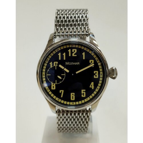 Наручные часы Марьяж механических часов Молния 3602 классика с арабскими цифрами, браслет крупная сетка кольчуга, черный, серебряный
