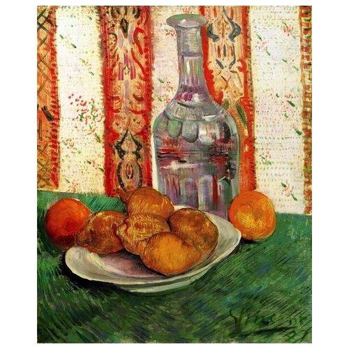 фото Репродукция на холсте натюрморт с графином и лимоны на тарелке (still life with decanter and lemons on a plate) ван гог винсент 40см. x 49см. твой постер