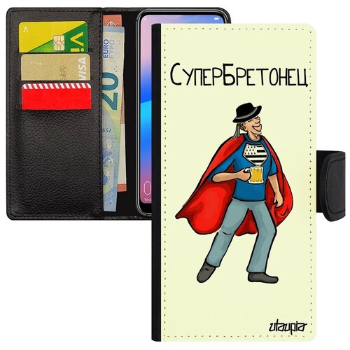 фото Яркий чехол книжка на смартфон // huawei p30 lite // "супербретонец" шутка комикс, utaupia, белый