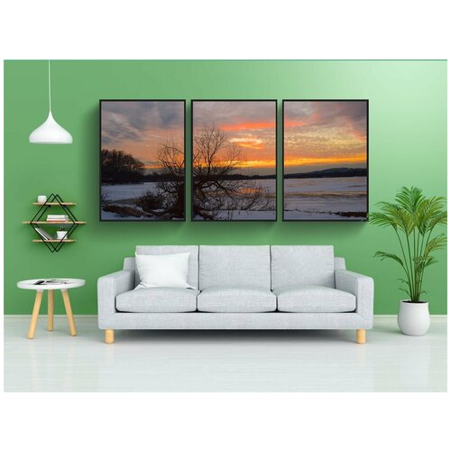 фото Набор модулных постеров для интерьера "заход солнца, пейзаж, зима" 60x90 см. в тубусе, без рамки lotsprints