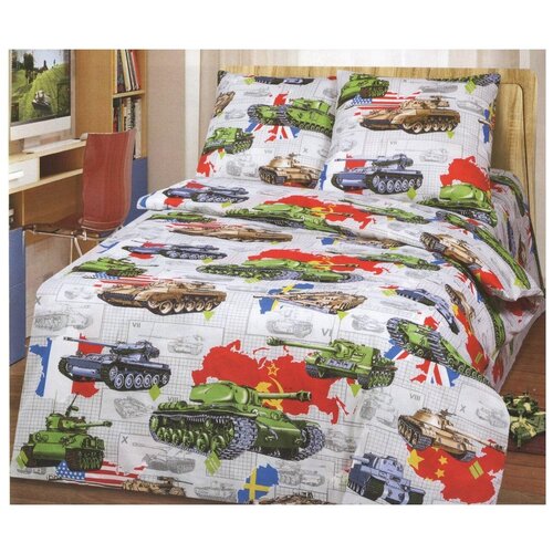 фото Постельное белье 1.5-спальное toontex танки, бязь, 70 х 70 см, многоцветный