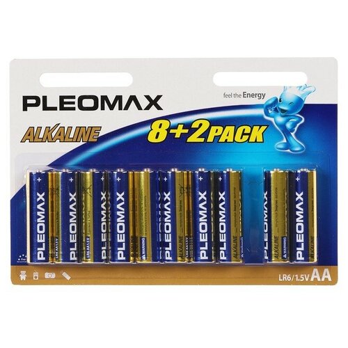 Батарейка алкалиновая Pleomax, AA, LR6-10BL, 1.5В, блистер, 8+2 шт.