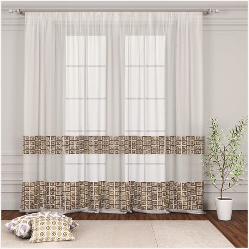 Изображение товара Тюль батист мирелла, высота 260, ширина 300, цвет белый с вышивкой цвет коричневый на шторной ленте