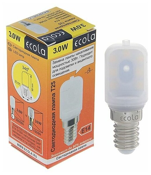 Лампа светодиодная Ecola, T25, 3 Вт, 2700 К, 340°, для холодильников и швейных машин 1340557