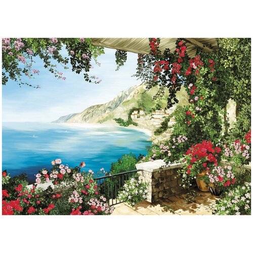 Арка в цветах и море - Виниловые фотообои, (211х150 см)
