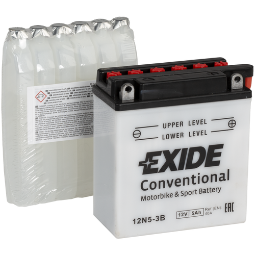 Аккумулятор для мотоцикла и скутера Exide Conventional 5 А/ч 65 А обр. пол. с/зар. с эл. EB5L-B (120х61х130) YB5L-B 12N5-3B