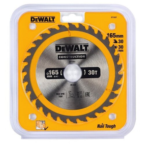 пильн диск construction п дер с гвоздями 165 20 24 atb 24° dewalt шт Диск пильный DEWALT по дереву 165х30 мм 30Т DT1937