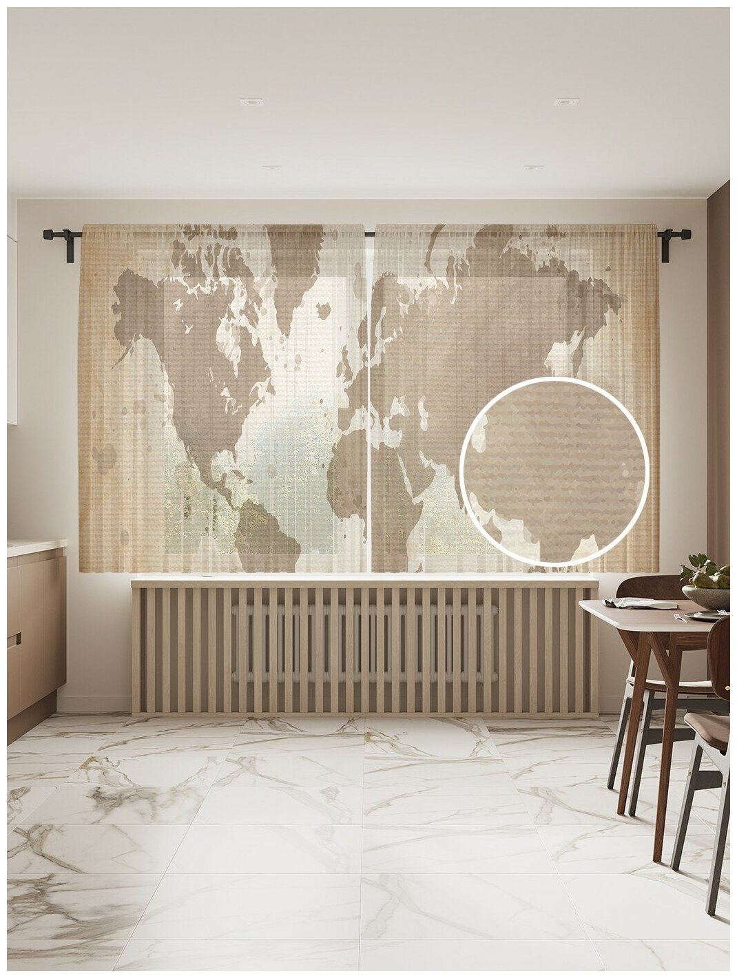 Фототюль JoyArty "Старая карта мира", 145x180 см (2 полотна со шторной лентой + 50 крючков)