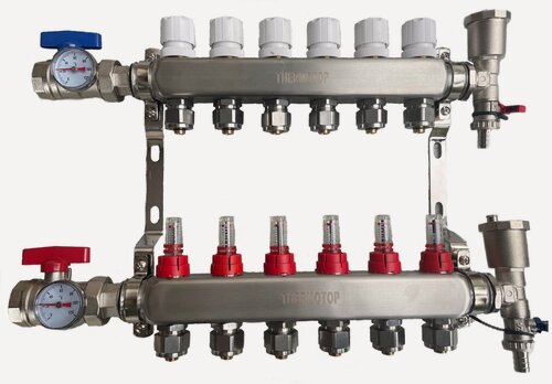 Изображение товара Коллекторная группа из нержавеющей стали с кранами, расходомерами, сервис группой и евроконусами на 5 вых. ThermoTop