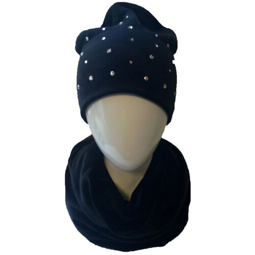 фото Комплект шапка и снуд из велюра со стразами swarovski темно-синий garaya