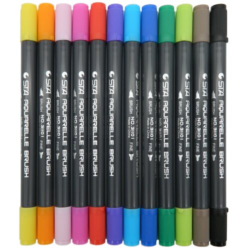 Фломастеры акварельные Кисть 12 цветов акварельные Двусторонние (кисть+пулевидный) STA3110-12