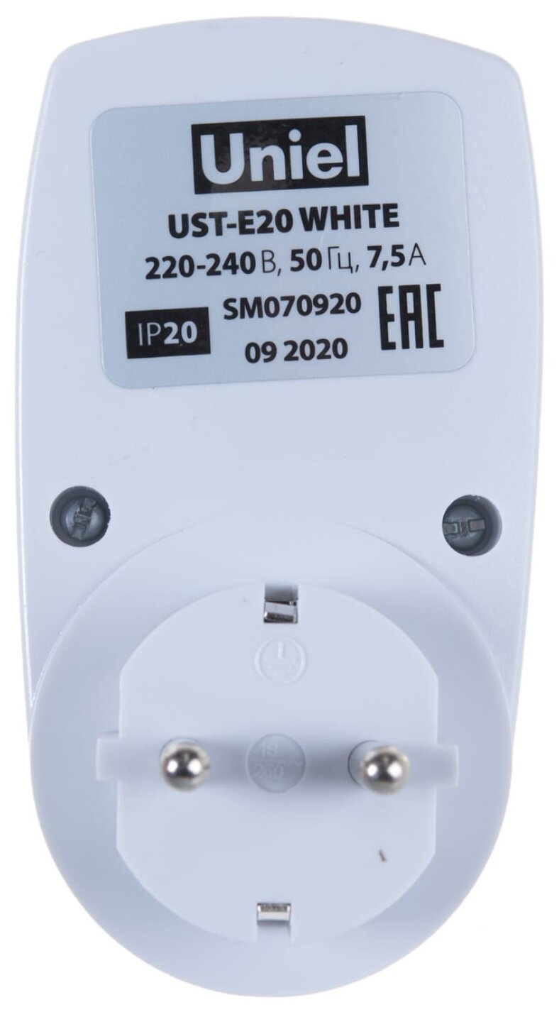Таймер электронный с розеткой Uniel UST-E20 WHITE, 220В. 24ч. 1600Вт, энергонезависимая память