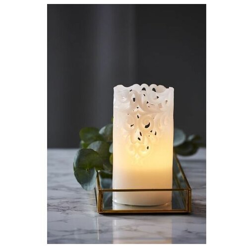 Электрическая восковая свеча кружевная белая, тёплый белый LED-огонь мерцающий, таймер, 8х15 см, STAR trading 062-24