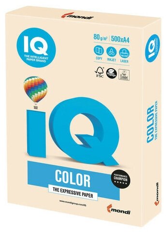 Бумага цветная IQ color, А4, 80 г/м2, 500 л., пастель, кремовая, CR20