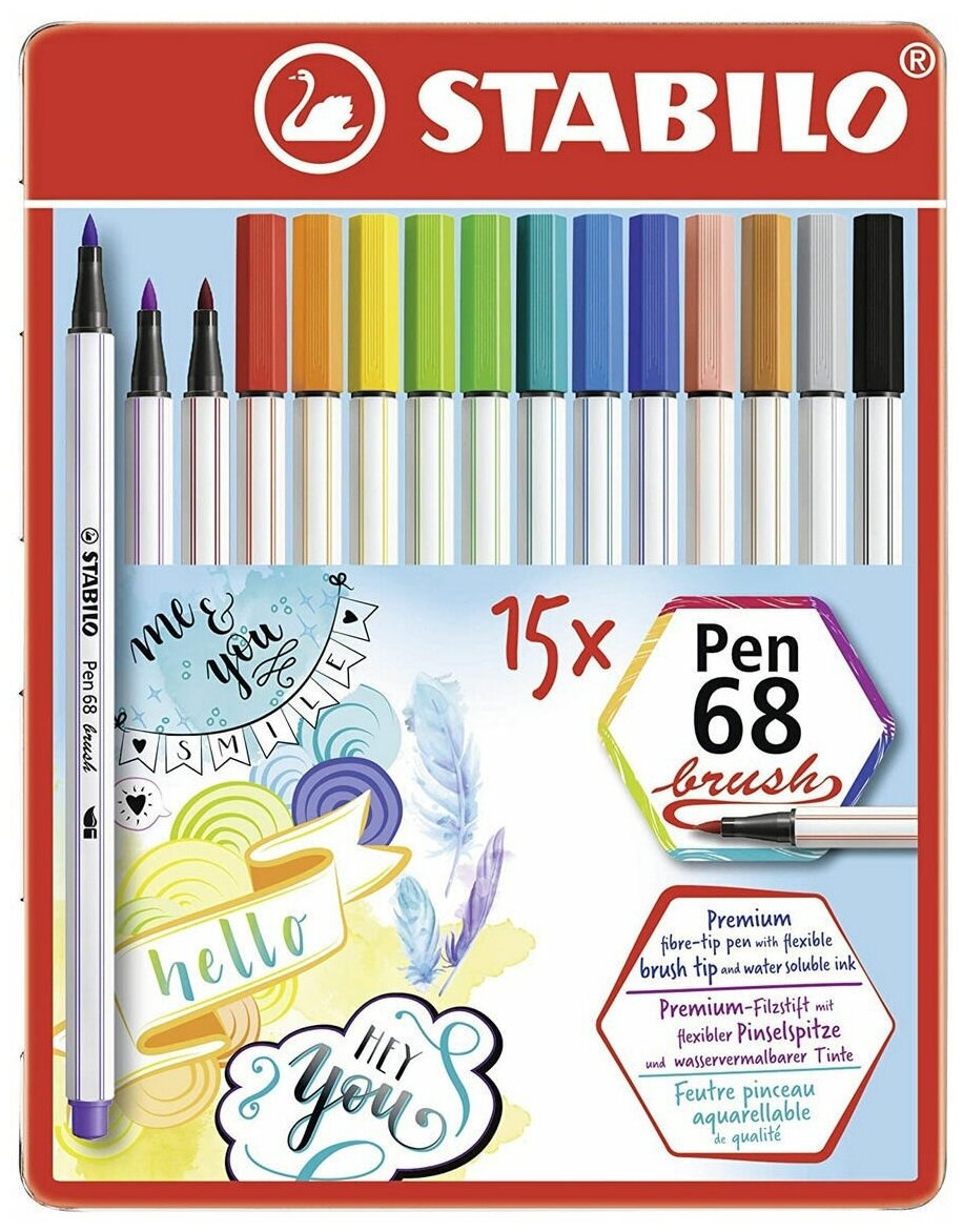 Фломастеры кисти в металлическом футляре STABILO Pen 68 Brush  15 цветов