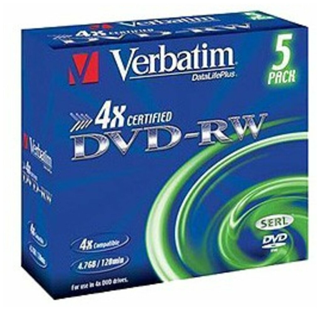 Диск DVD-RW Verbatim, 4.7Gb, 4x Jewel case (5 штук) (43285)