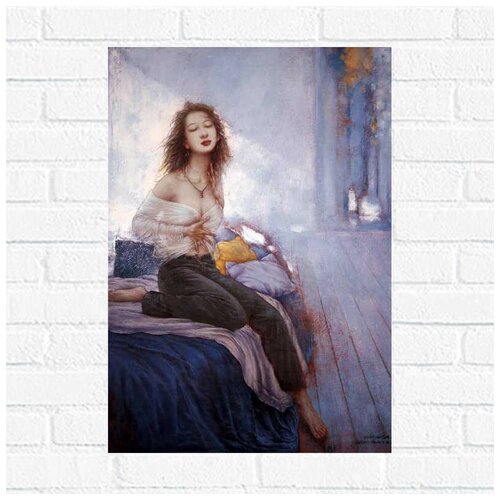 фото Постер девушка на кровати, 50x67 см, бумага вау холст