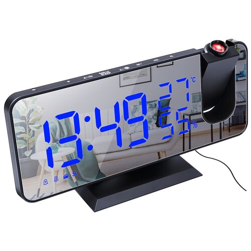фото Многофункциональные зеркальные часы с проекцией и радио (черный/синий) nobrand