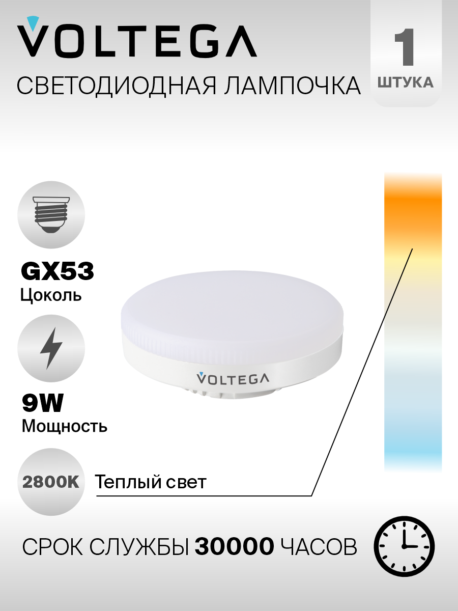 Светодиодная лампа Voltega 7772 LED GX53 9W 2800К (теплый белый). Форма колбы лампочки - таблетка