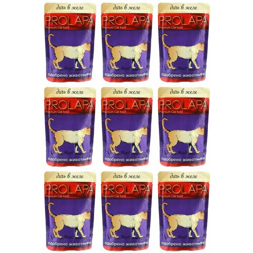 Prolapa Влажный корм для взрослых кошек Premium Cat food, Дичь в желе, 100 г, 9 шт gimcat shinycat влажный корм для кошек из цыпленка кусочки в желе в консервах 70 г