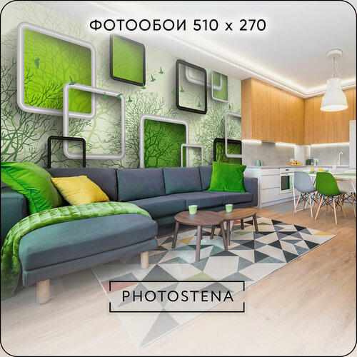 Изображение товара Фотообои 3D на стену флизелиновые встык PHOTOSTENA 3D салатовые квадраты на фоне деревьев и птиц 5,1 x 2,7 м 13,77 м2