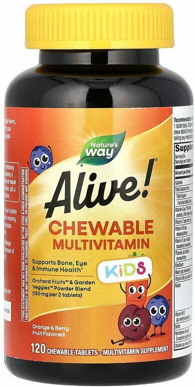 Витамины Для Детей Nature's Way, Alive! комплекс мультивитаминов для детей, со вкусом апельсина и ягод, 120 жевательных таблеток