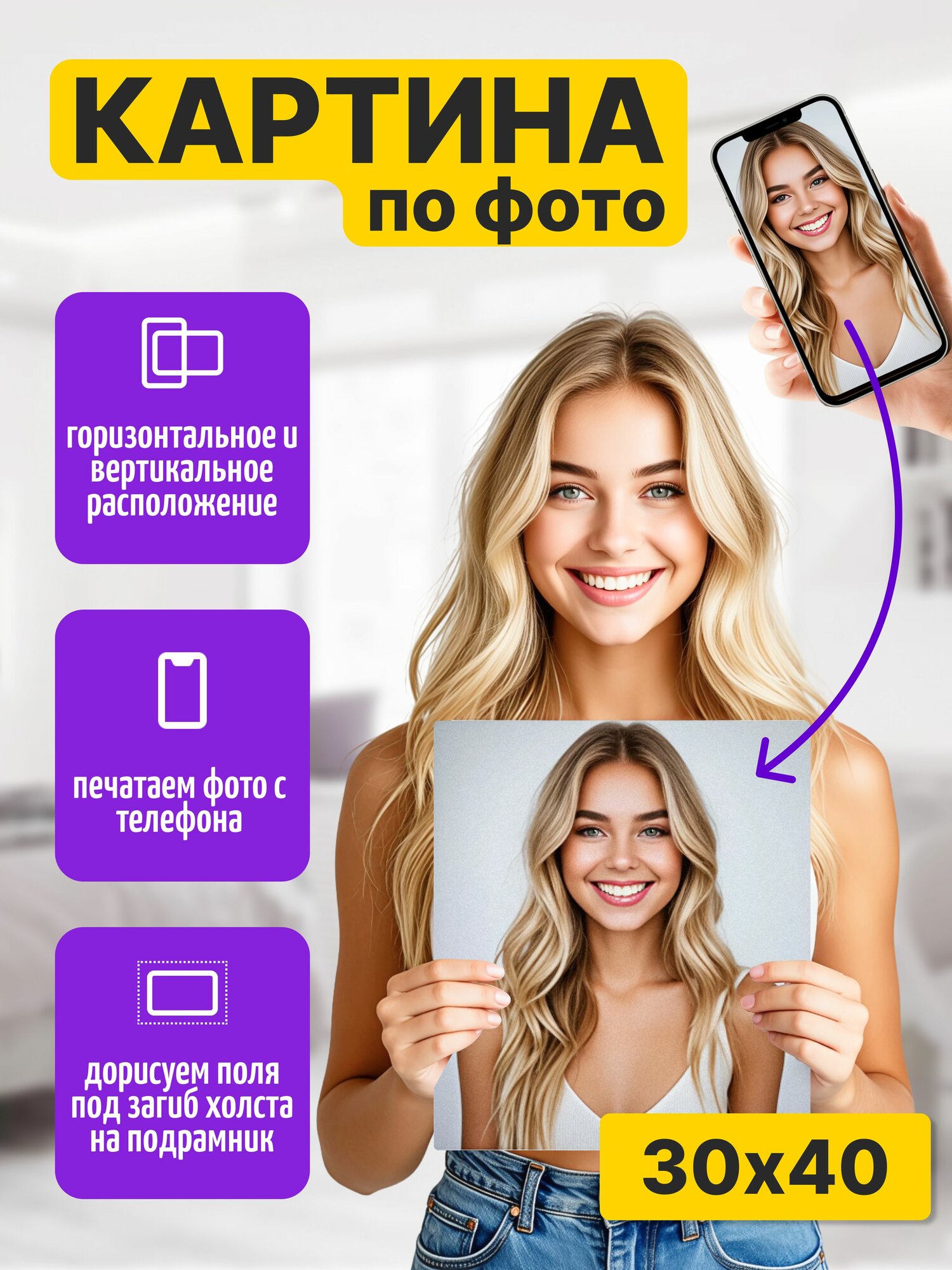 Картина "Картина по фото / портрет на холсте / фото на холсте 30смх40см К-3040", 40 х 30 см