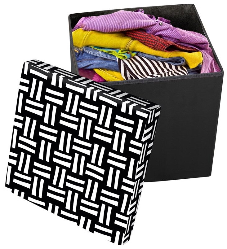 Пуф складной с отделением для хранения, дизайн-плетенка черно-белый, 30x30x30 см (008465)