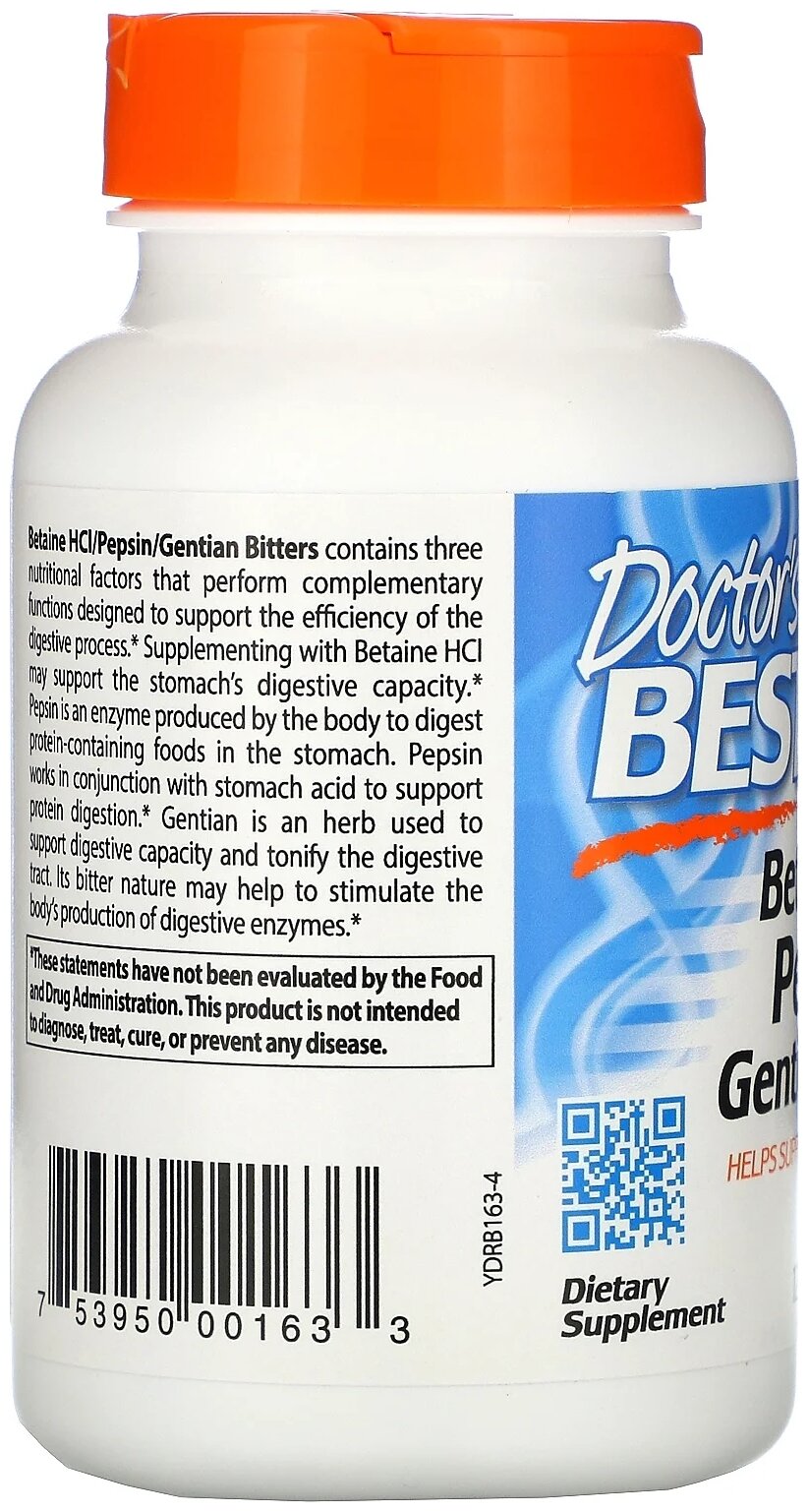 Капсулы Doctor's Best Betaine HCL Pepsin and Gentian Bitters, 100 г, 120 шт.