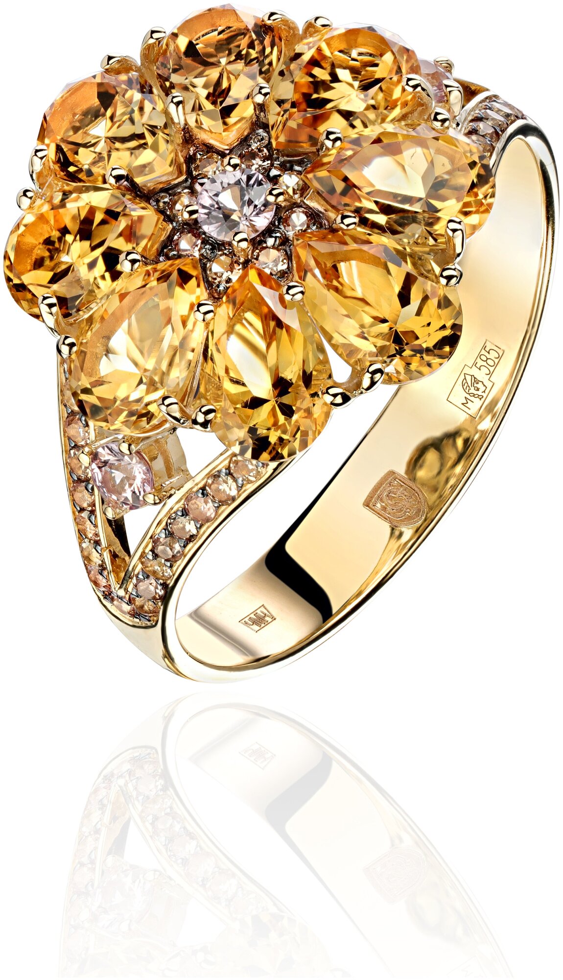Кольцо Эстет, желтое золото, 585 проба, цитрин, сапфир