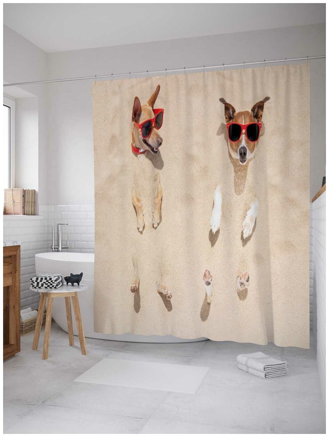 Штора водоотталкивающая для ванной, занавеска в ванную комнату тканевая JoyArty "Собаки-пляжники", 180х200 см