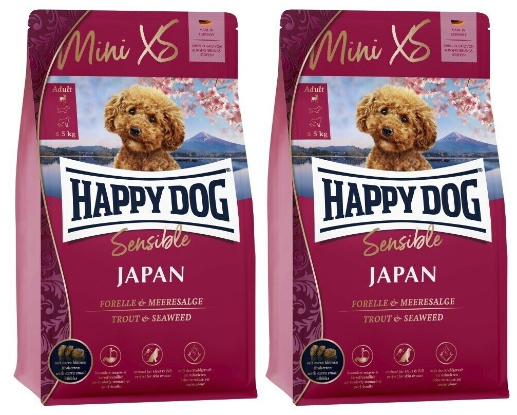 Сухой корм для собак миниатюрных пород с форелью Хэппи Дог Япония Happy Dog Mini XS Japan, 2 шт. х300гр.
