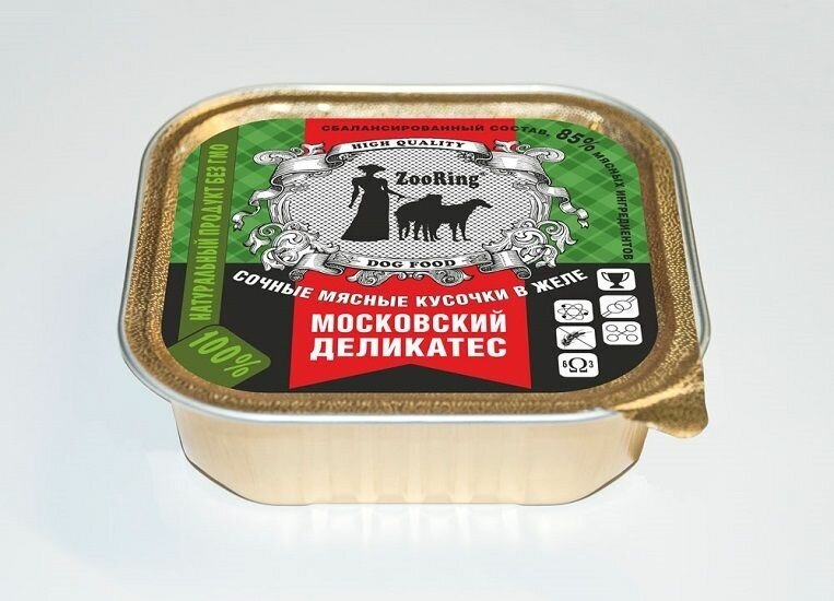 ZooRing Корм консервированный для собак Сочные мясные кусочки в желе Московский деликатес, 100г (16 банок)