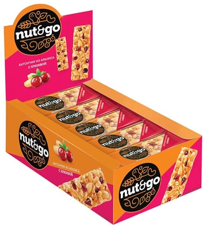 Арахисовый батончик из жаренного арахиса с клюквой NUT N GO Nut&Go NutandGo , 18 шт. по 42 г. - фотография № 2