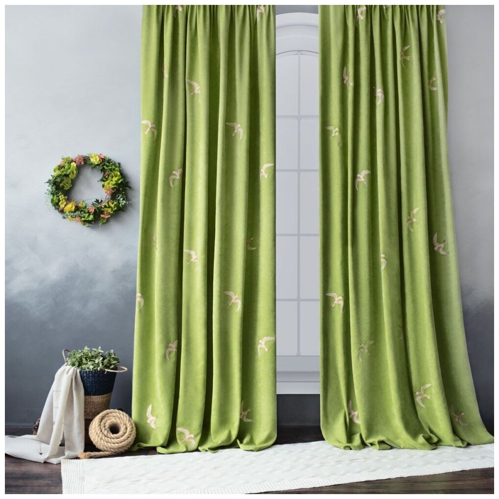 Комплект штор с вышивкой Либерти зеленый - фотография № 2