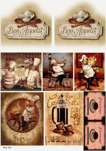 Изображение товара Рисовая бумага для декупажа А4 ультратонкая салфетка 0980 повар кухня кофе выпечка винтаж крафт Milotto
