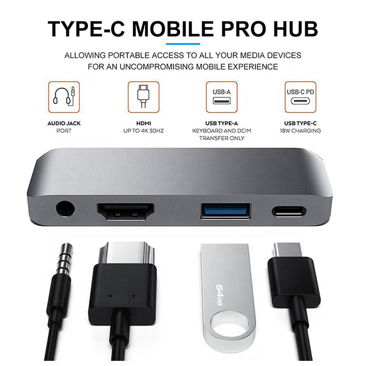 USB-концентратор (адаптер, переходник) Aluminum Type-C 4 в 1 (Gray) для MacBook 13