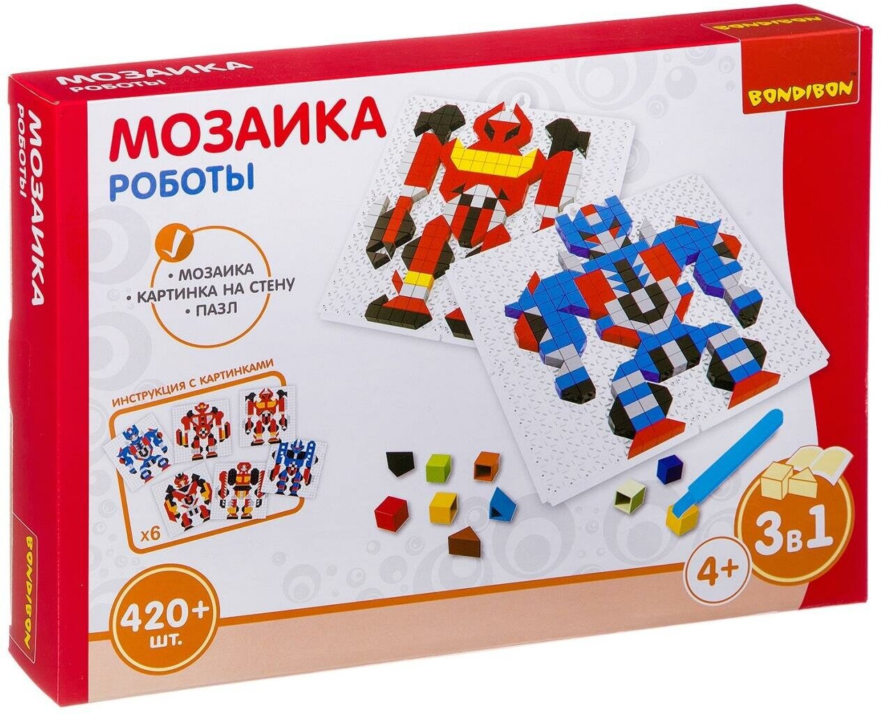 Логические, развивающие игры и игрушки Bondibon Мозаика "роботы", 420 дет, BOX 30x4.5x21 см