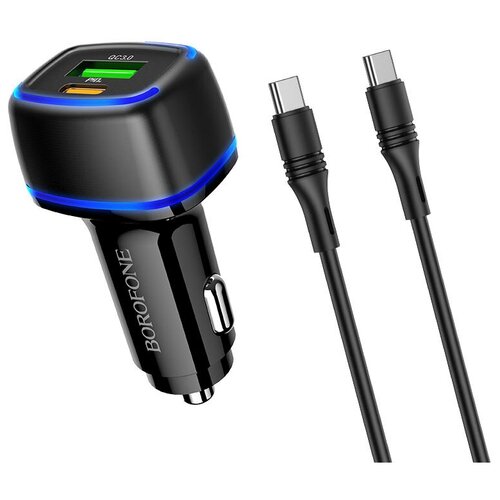 фото Автомобильное зарядное устройство borofone bz14a mercury, usb+usb-c + кабель type-c-type-c, 3a, черный