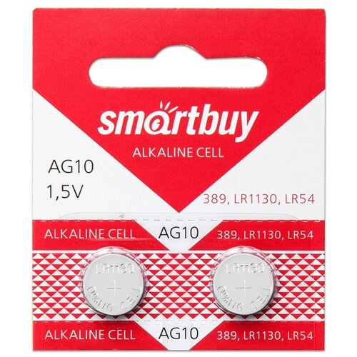 Батарейка SmartBuy AG10, в упаковке: 2 шт. ycdc 20pcs 1 55v ag10 lr1130 sr1130 alkaline button coin cell batteries 389a g10a gp89a ka54 l1131 lr54 rw89 disposable battery