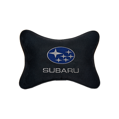 Автомобильная подушка на подголовник алькантара Black с логотипом автомобиля Subaru
