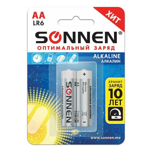 Батарейки комплект 2 шт., SONNEN Alkaline, АА (LR6, 15А), алкалиновые, пальчиковые, блистер, 451084, 12 шт.