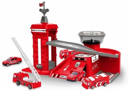 Парковка игрушечная - пожарная часть, двухуровневая, с машинками, красная, 1 упаковка