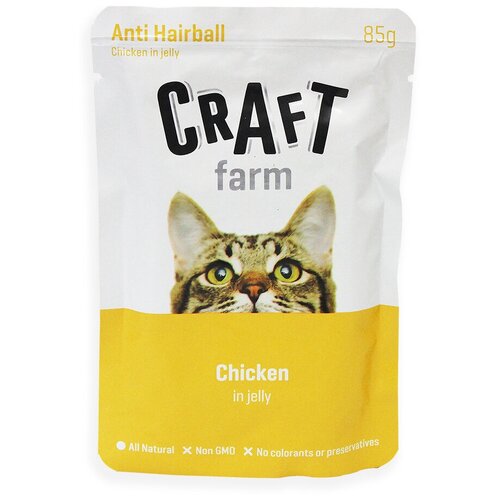 Влажный корм для кошек Craft Farm Anti-Hairball, для вывода шерсти, курица 85 г (кусочки в желе)