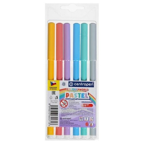 Фломастеры 6 цветов Centropen 7550 TP Colour World Pastel, пастельные, блистер, европодвес, линия 1.0 мм
